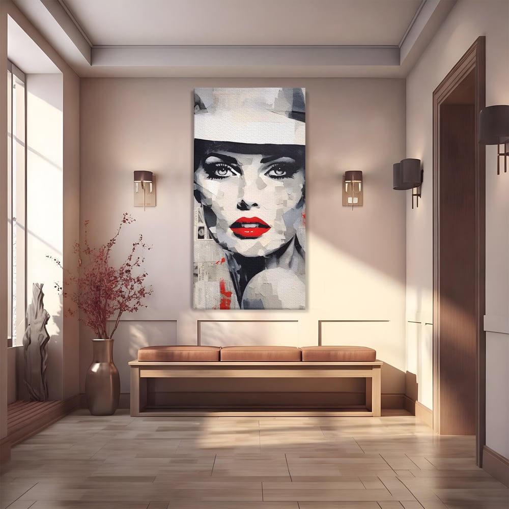 Tablou canvas cu tablou portret femeie cu buze rosii, fara rama, pe sasiu de lemn